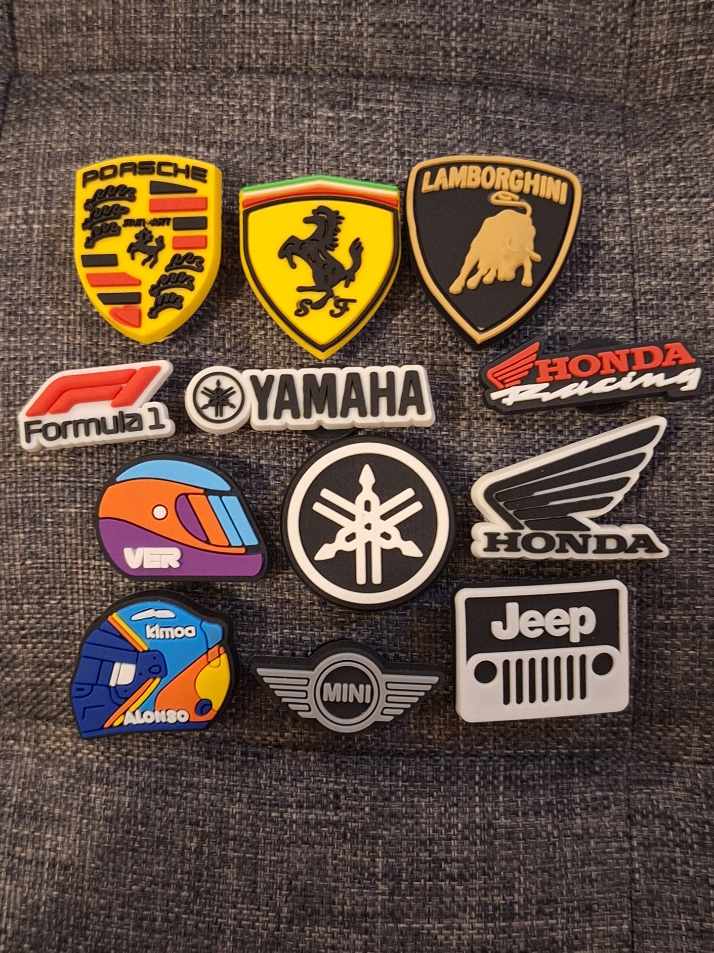 Shoe charms car badges and racing